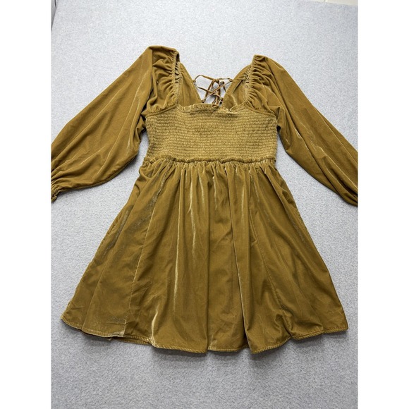 Free People Dress Womens Large Mustard Velvet Smocked Puff Sleeve Lace Up Back - Picture 4 of 15